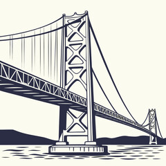 Iconic suspension bridge with towering support towers and cables stretching across calm water with distant hills under a clear sky