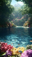 Lush tropical paradise with a crystal-clear river flowing through a dense forest, meeting a vibrant coral reef teeming with colorful fish Sunlight filters through the trees, illuminating the scene