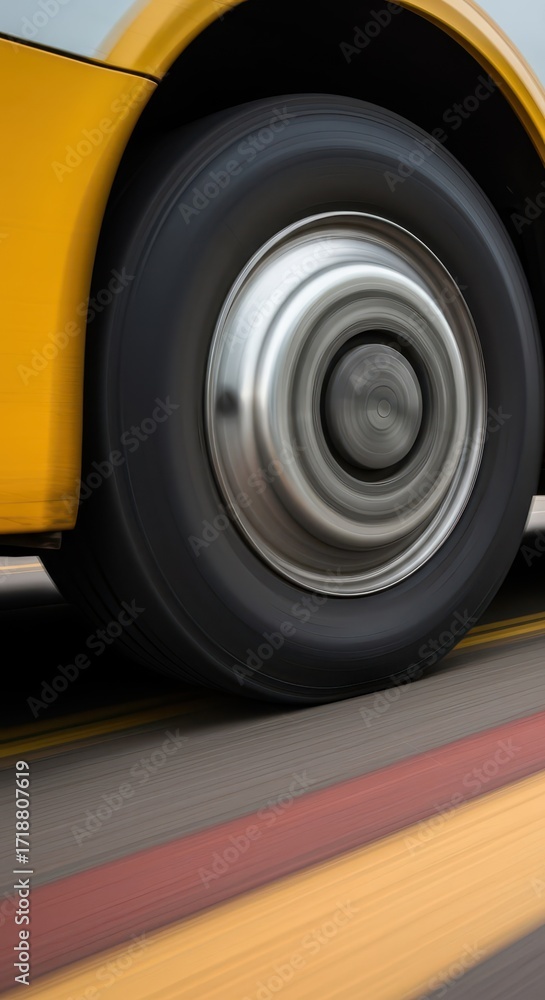 Poster a close-up view of a fast-moving yellow bus tire, highlighting the motion blur effect on the road ma