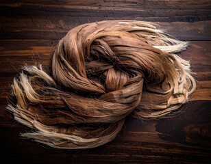 Tangled Brown Hair Extensions on Rustic Wooden Surface.