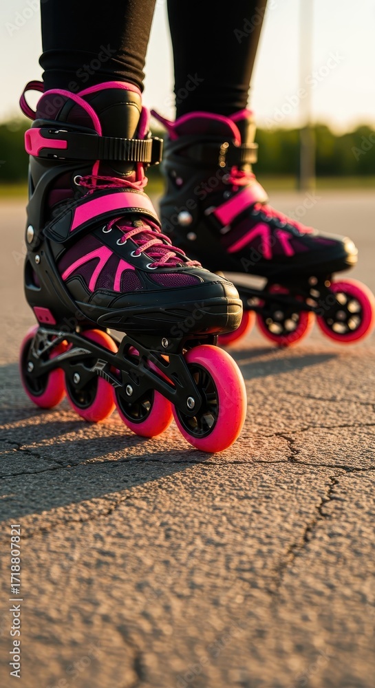 Poster close-up view of vibrant pink and black inline skates positioned on a textured pavement surface.