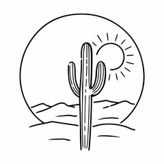 Minimalist black and white line art illustration of a saguaro cactus in a desert landscape with a sun behind a circular frame © Madical