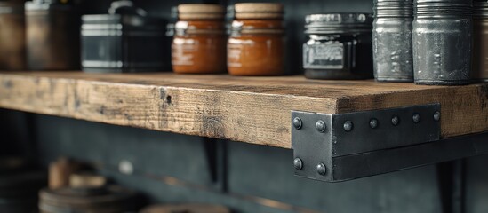 Rustic wooden shelf with metal brackets holding jars.