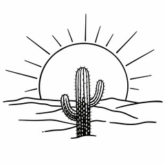 Minimalist black and white line art illustration of a saguaro cactus standing tall in a desert landscape with a large sun setting or rising behind rolling hills