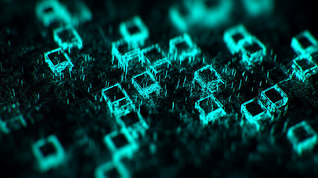 Abstract digital cubes glowing in teal on a dark, textured surface with particle effects