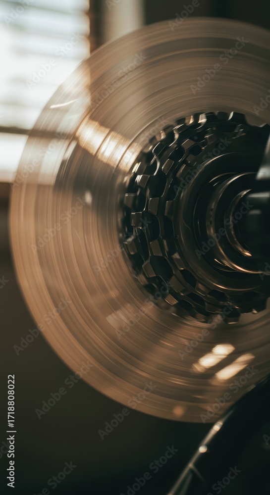 Poster close-up view of a rotating circular disc with intricate gears, showcasing a dynamic motion effect a