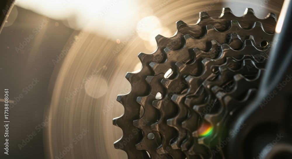 Poster close-up view of a bicycle's intricate gear system, showcasing the detailed design and mechanics of 