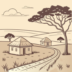Naklejka premium Rustic african village scene with thatched roof huts and acacia trees under a cloudy sky a winding dirt road leading through the landscape