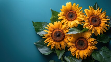 Obraz premium Sunflowers with Green Leaves on a Vibrant Blue Background