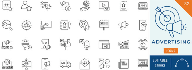 Advertising icon collection set. Editable stroke.