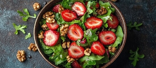 Fresh strawberry and walnut salad in a bowl.