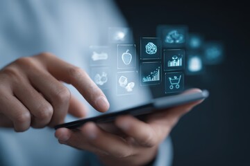Close-up user tapping mobile device with holographic financial charts and food delivery icons in futuristic environment perfect for technology-driven convenience and consumer behavior content
