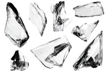 Collection of shattered glass fragments isolated on transparent background. Set of shattered glass fragments isolated on white background.