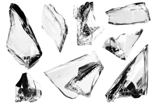 Collection of shattered glass fragments isolated on transparent background. Set of shattered glass fragments isolated on white background.