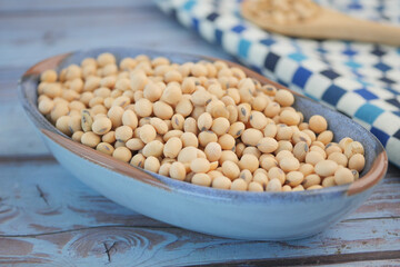 Freshly harvested soybeans in a rustic bowl