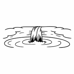 Simple black and white line drawing of a waterfall cascading into a pool with concentric ripples and stylized clouds above