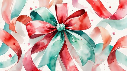 Colorful watercolor bow with ribbons on light background  