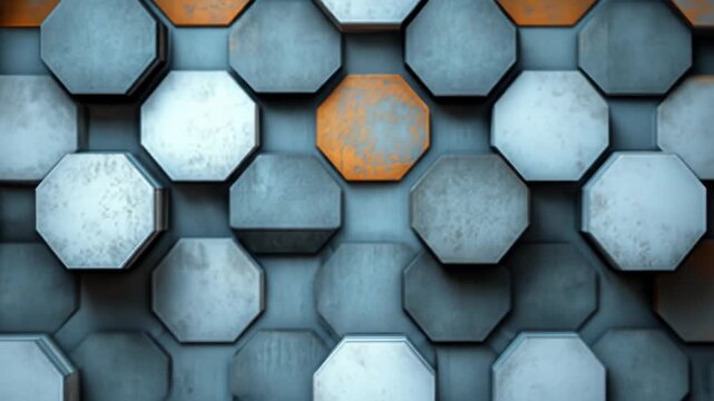 A textured, geometric pattern of octagonal shapes in muted gray and orange tones.