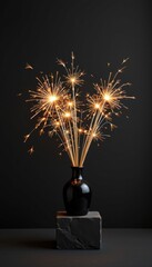Elegant black vase with sparkling fireworks display on dark background, artistic nighttime celebration, festive light show, modern decor centerpiece