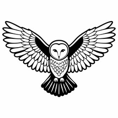 Fototapeta premium Stylized black and white barn owl in flight with wings spread wide against a white background