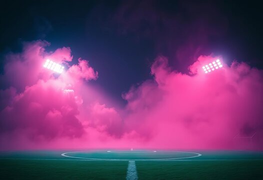 Rough, neon-lit soccer field cloaked in swirling fog, surface, abstract