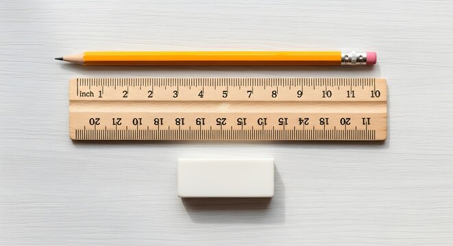 Overhead shot of a classic yellow pencil, wooden ruler displaying both inches and centimeters, and a white eraser on a clean, white surface, symbolizing precision and tools for learning.