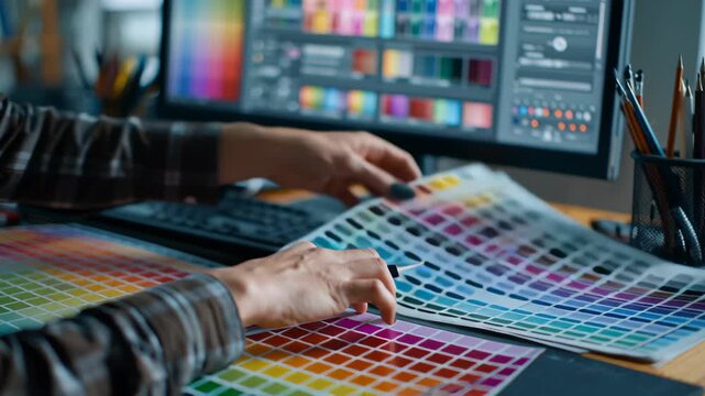 Color palette graphic design digital art computer monitor color swatch creative workspace color selection digital pen designer hands office desk art tools keyboard design software workspace