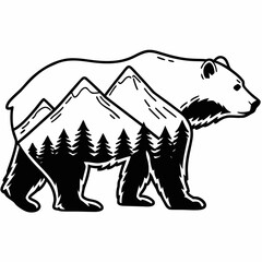 Stylized black and white illustration of a bear silhouette filled with a mountain range and pine trees creating a unique wilderness landscape design