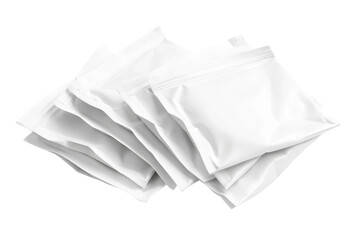 Fototapeta premium Stack of white paper napkins isolated on transparent background. Set of white doypacks isolated on white background.