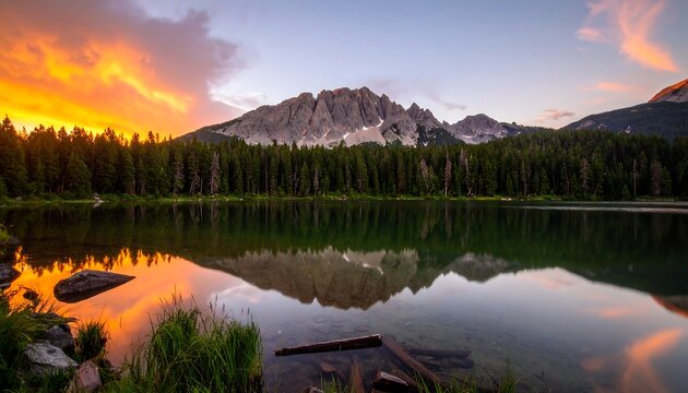 Mountain lake at sunset reflection