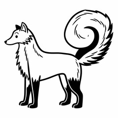 Stylized black and white illustration of a cute fox standing with a bushy tail curled upwards