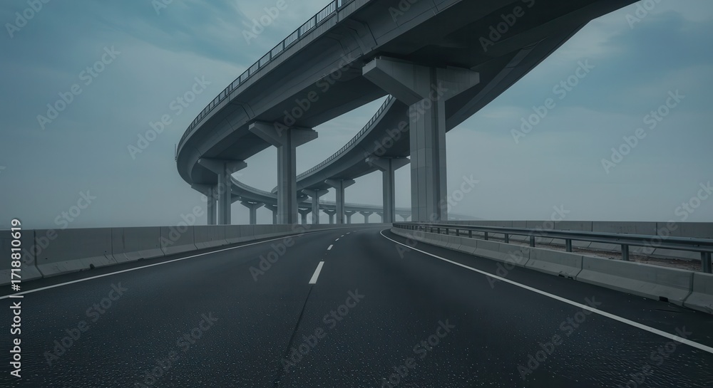 Poster empty highway curves beneath a vast, elevated concrete roadway structure on a hazy day.