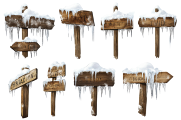 Set of wooden signs with snow and icicles isolated on transparent background. Set of wooden signposts covered in snow and icicles isolated on white background.