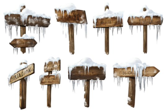 Set of wooden signs with snow and icicles isolated on transparent background. Set of wooden signposts covered in snow and icicles isolated on white background. - Powered by Adobe