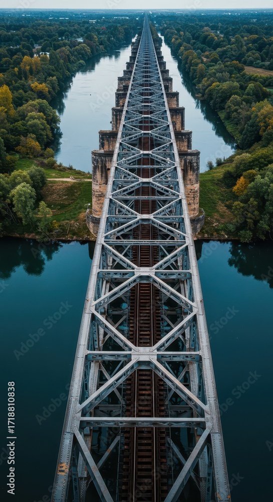 Poster a long, metal railway bridge spans a calm river, its intricate latticework structure highlighted by 