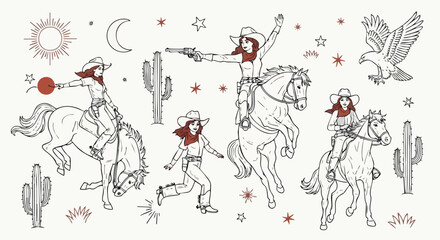 Dynamic cowgirls on horseback capture the spirit of the wild west with action and adventure in this artistic desert scene.