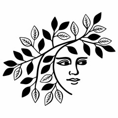 Stylized black and white illustration of a woman s face emerging from a branch with leaves symbolizing nature and beauty