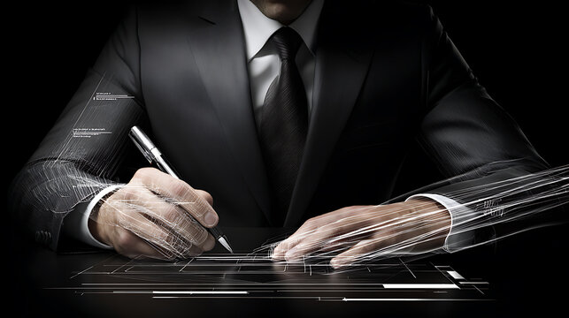 Businessman signing digital document with futuristic interface overlay