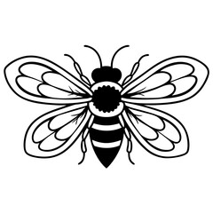 Stylized black and white line art illustration of a honey bee with detailed wings and stripes on a white background