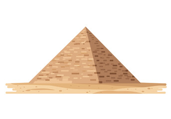 A pyramid with a layered block design stands on a sandy base against a white backdrop
