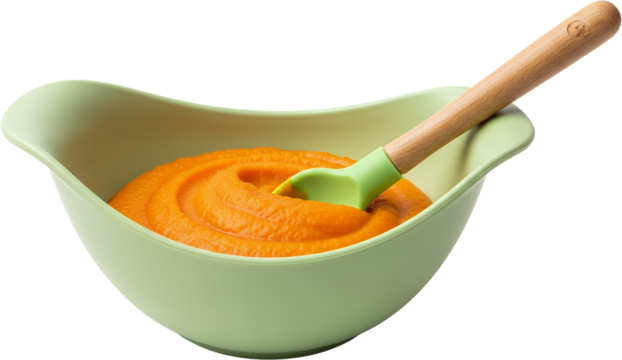 Orange puree in a light green bowl with a wooden and green spoon isolate baby food baby infant food healthy