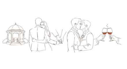 Celebrate love's journey from wedding vows to joyous toasts with diverse couples embracing modern romance and commitment