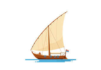 A wooden sailing ship with a large sail  a flag sailing on blue water