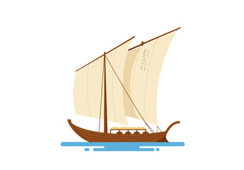 An ancient Egyptian sailing boat with hieroglyphs on the sail sails on blue water