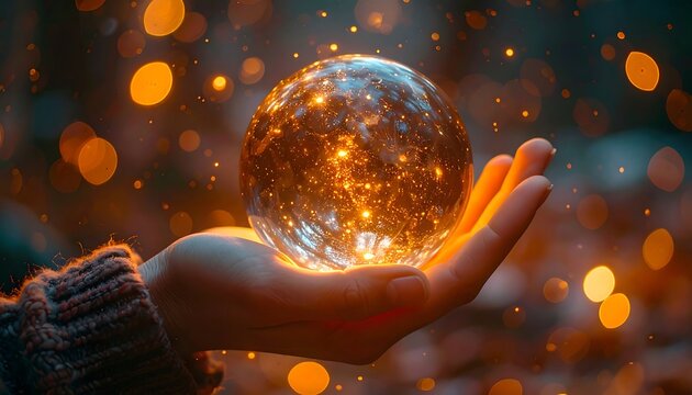Hand holding luminous crystal ball
