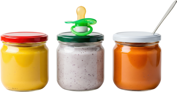 Three Jars Of Baby Food One With A Pacifier And A Spoon In Another Transparent Background Isolate Infant Nutrition