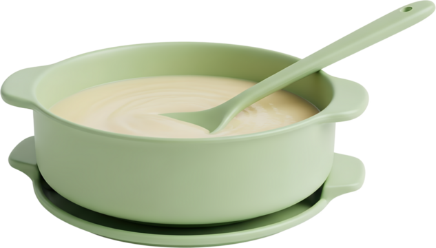 A light green bowl filled with creamy yellow soup and a matching green spoon resting inside isolate food