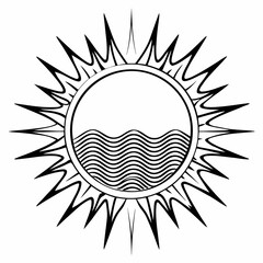Stylized sun emblem with wavy water lines inside a circle and sharp rays emanating outwards creating a bold graphic design element