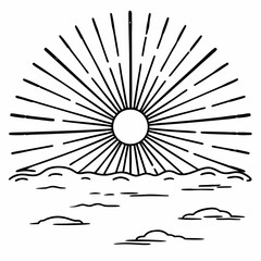 Stylized sunburst radiating light over a simple horizon line with abstract cloud shapes in a minimalist line art drawing