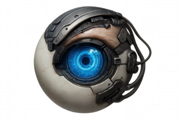 Bionic eye featuring advanced robotic design, glowing blue iris, and futuristic technology, on a transparent background
